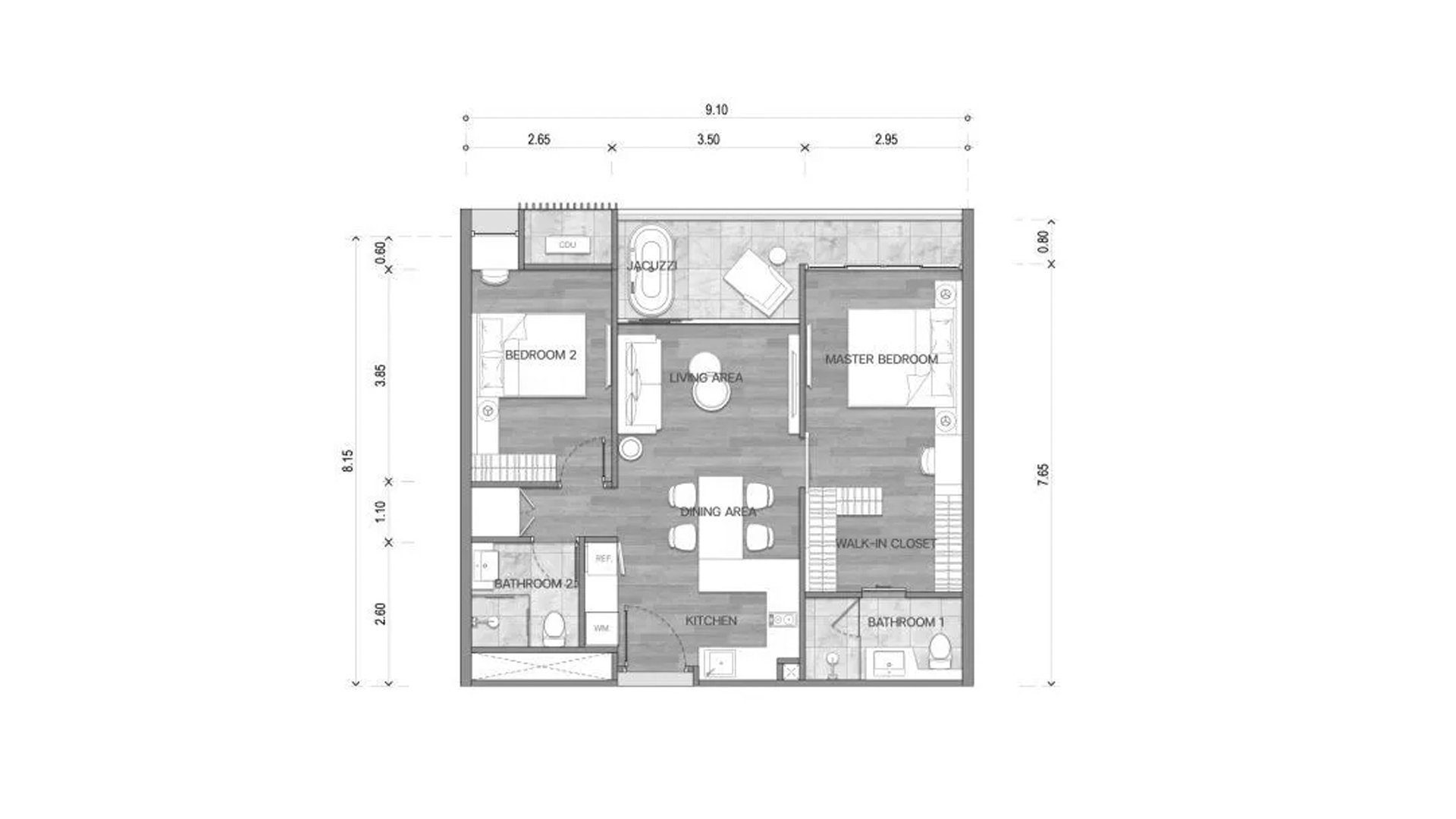 Планировка квартиры 2 спальни в корпусе Building K1 The Balance By The Beach in Phuket, Thailand, ЖК The Balance By The Beach № 11011 (2D)