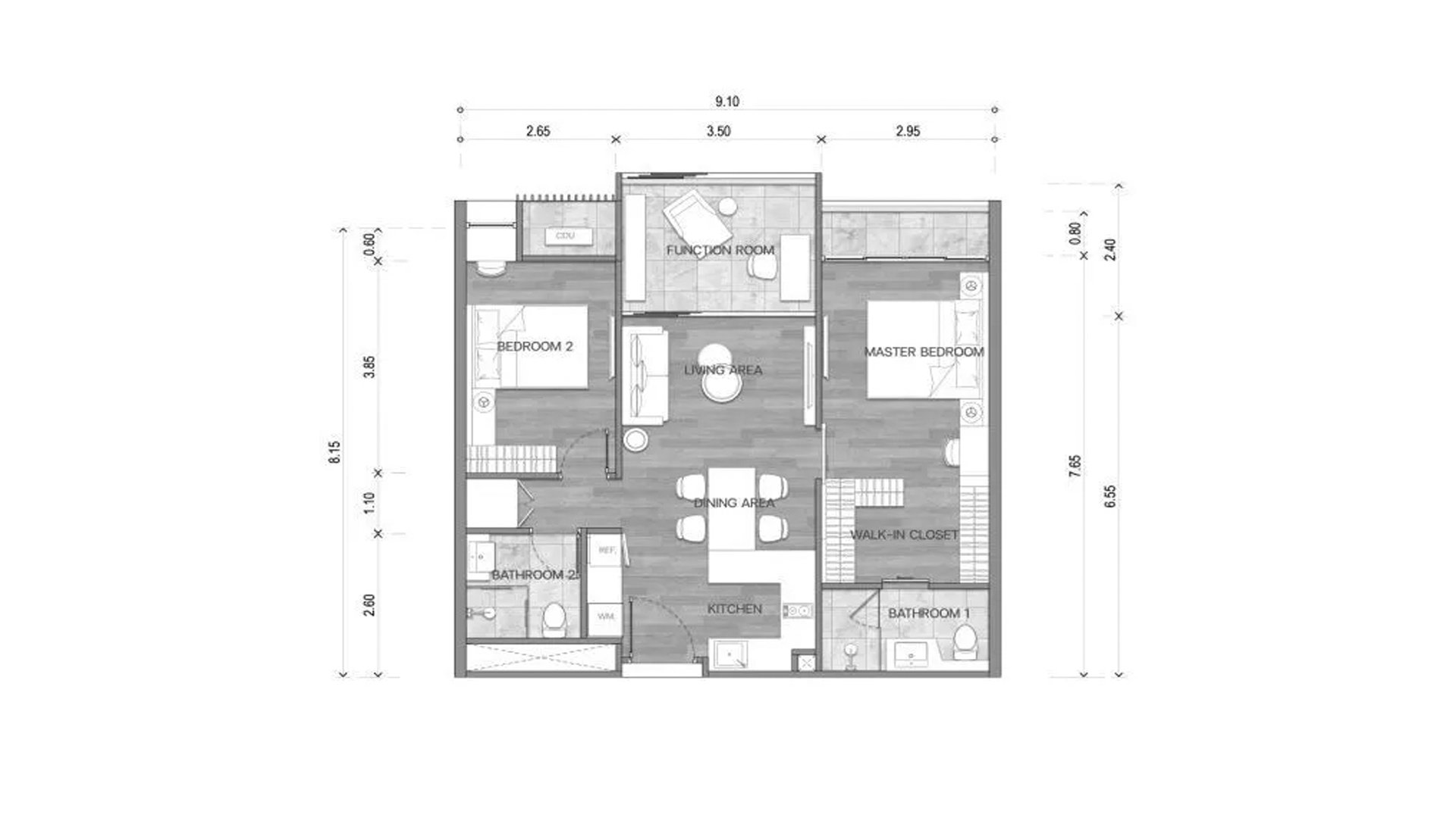 Планировка квартиры 2 спальни в корпусе Building K2 The Balance By The Beach in Phuket, Thailand, ЖК The Balance By The Beach № 11012 (2D)