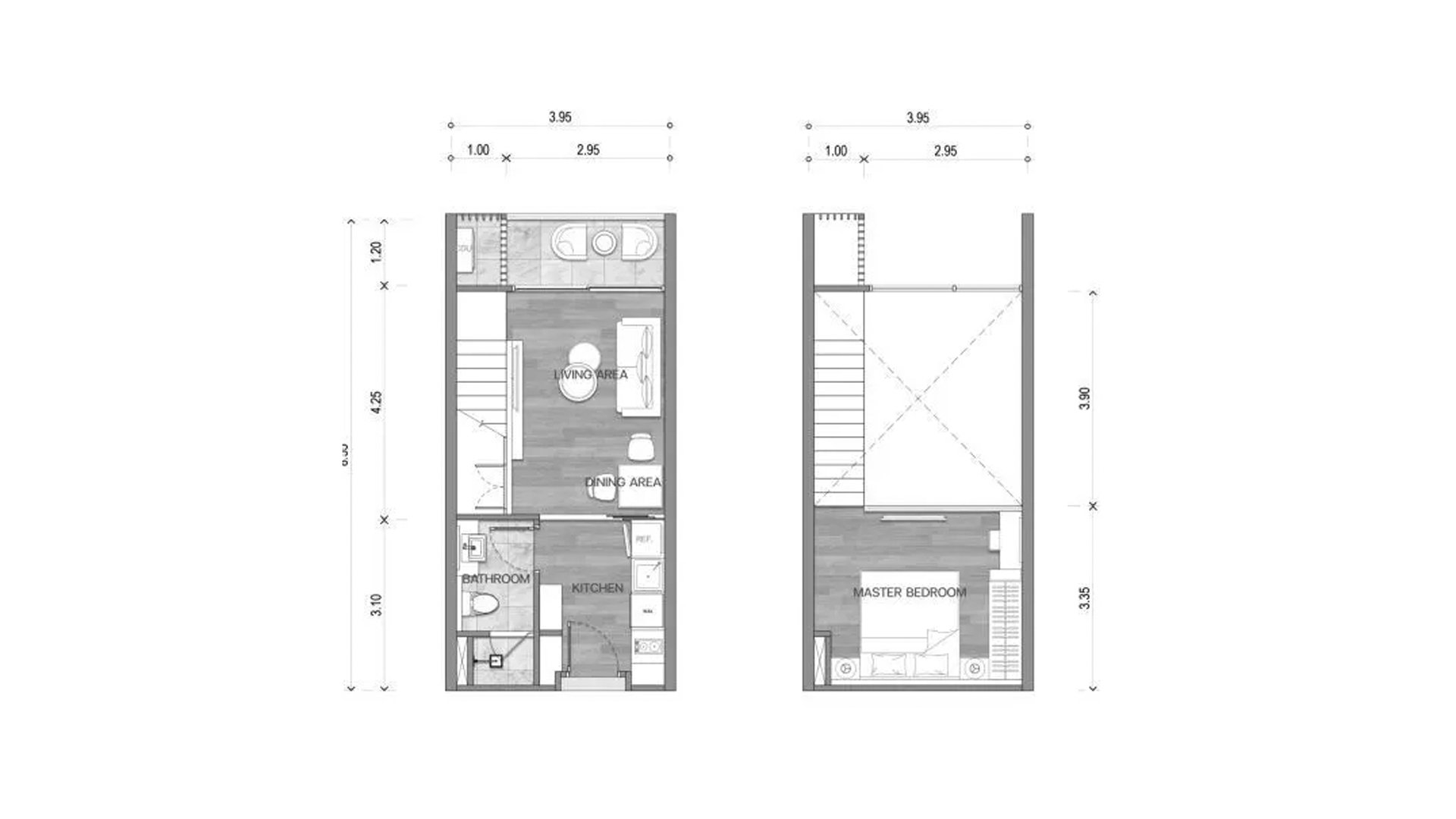 Duplex floor plan, 1 bedroom in building Building K2 The Balance By The Beach in Phuket, Thailand, The Balance By The Beach No. 11009 (2D)