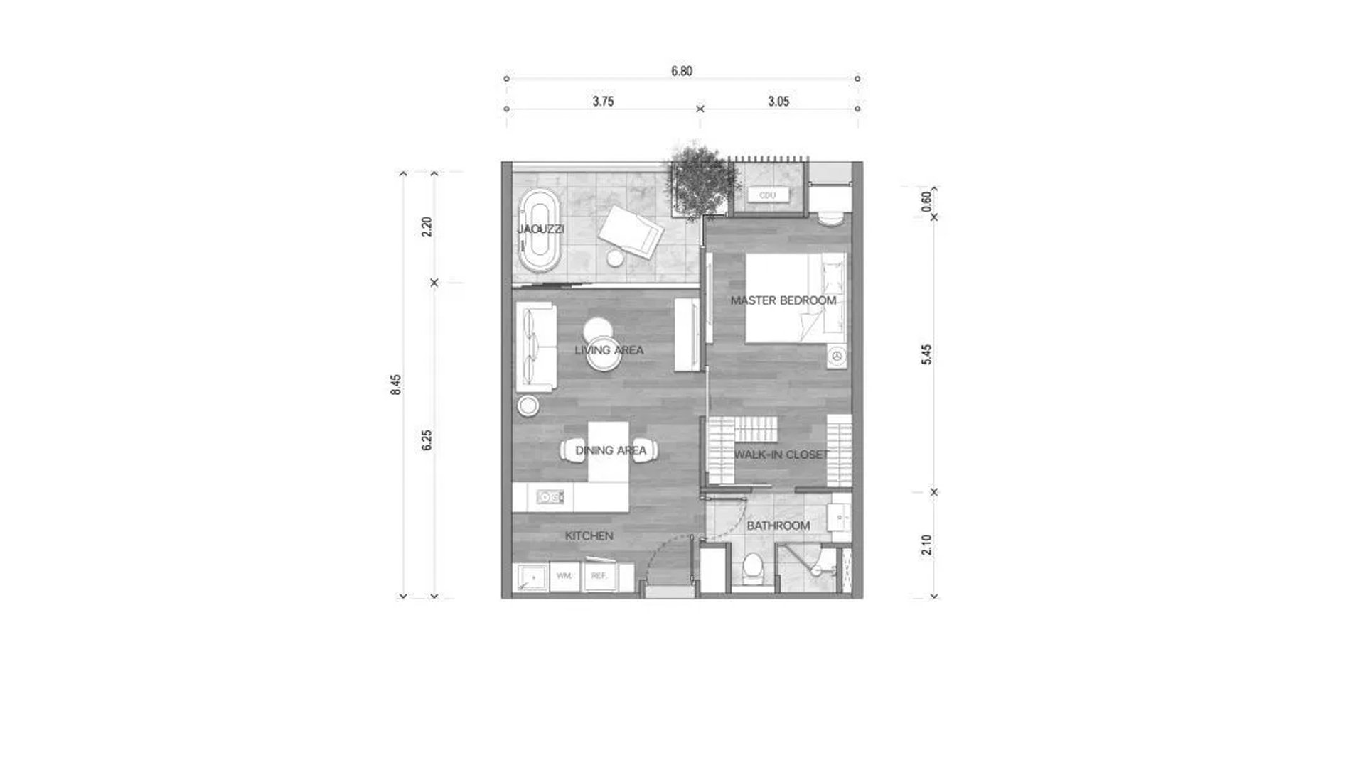Apartment floor plan, 1 bedroom in building Building K1 The Balance By The Beach in Phuket, Thailand, The Balance By The Beach No. 11008 (2D)